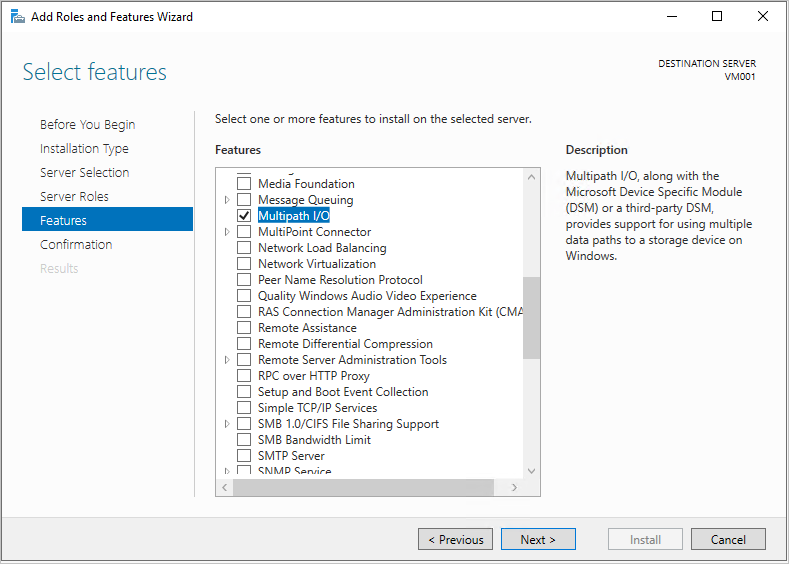 The Features page of the Add Roles and Features Wizard shows one feature, Multipath I/O, selected.