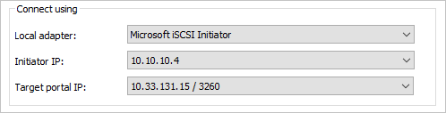 The "Connect using" dialog box shows the specified information for target portal 10.33.131.15/3260.