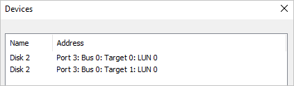 The Devices dialog box shows Disk 2 listed on two lines. The target is 0 on the first line, 1 on the second.