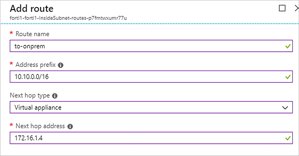 The Add route dialog box shows the four values that have been entered into the text boxes.