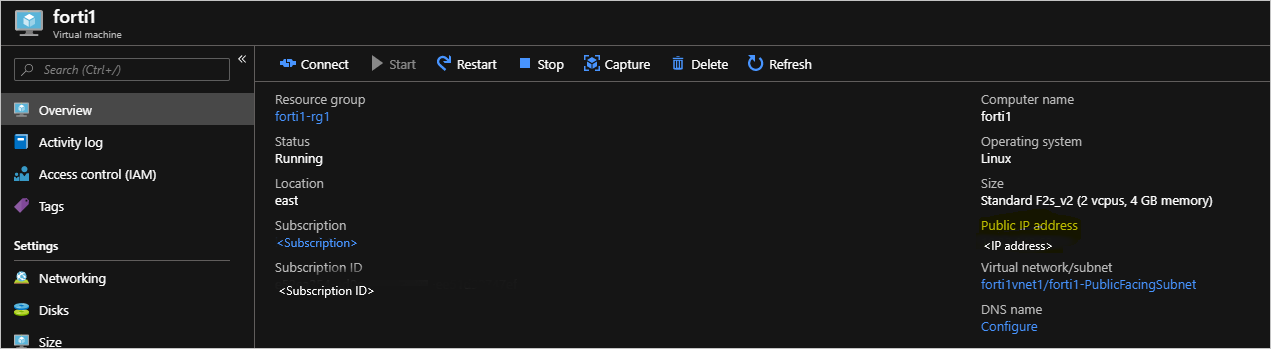 The forti1 virtual machine Overview page show values for forti1, such as the "Resource group" and Status.