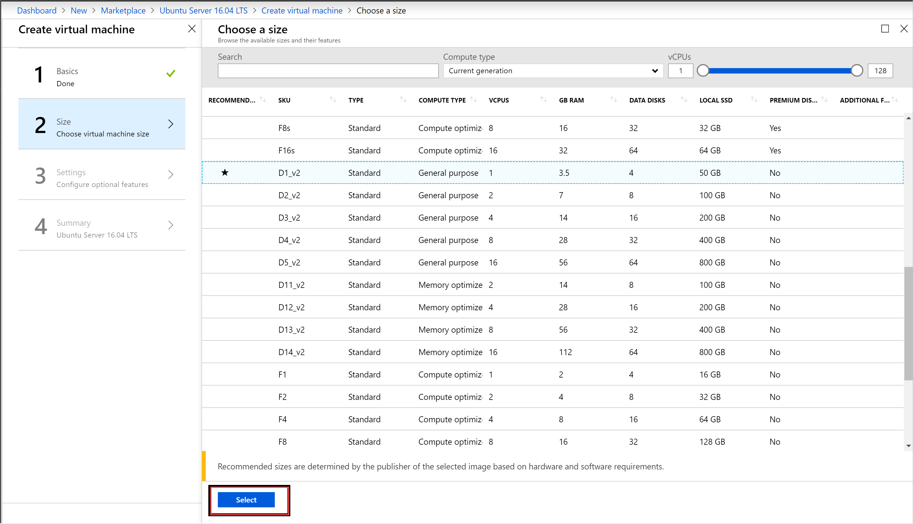 Create Linux Server - Size