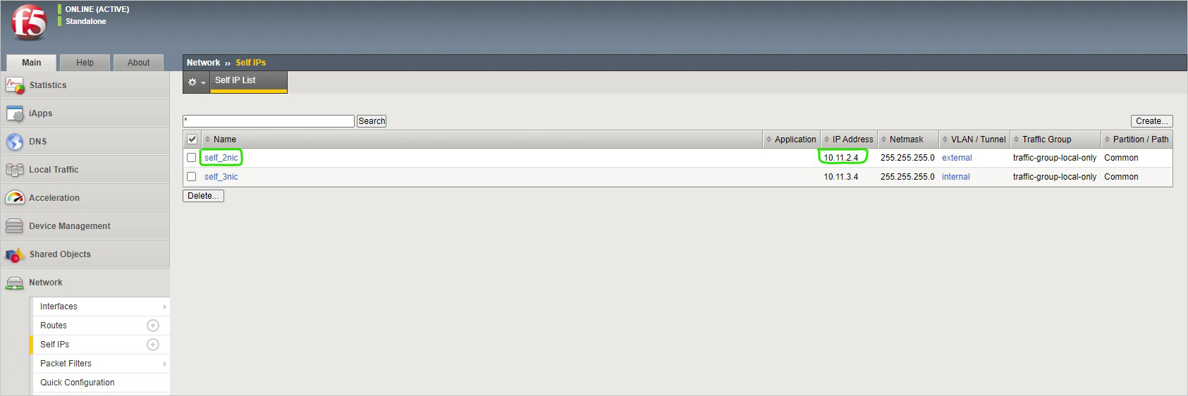 The left pane provides the ability to navigate to show Self IPs. The right pane is titled "Network >> Self IPs". Two Self IPs are listed, and the first, self_2nic, is highlighted.