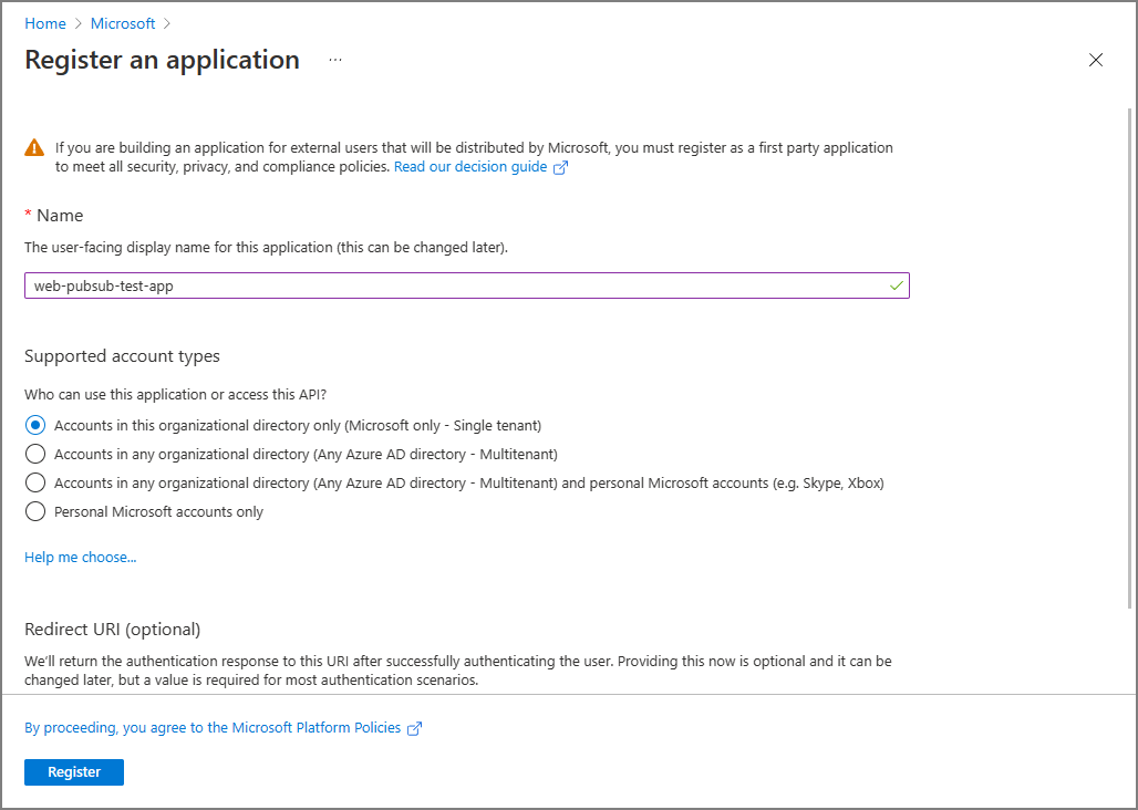 Screenshot that shows registering an application.