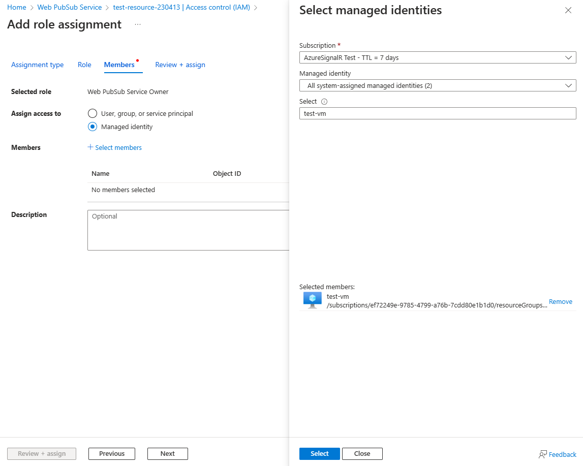 Screenshot that shows assigning a role to managed identities.