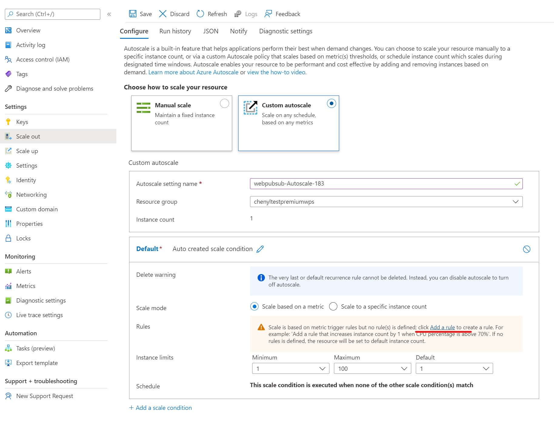 Screenshot of custom rule based on a metric.