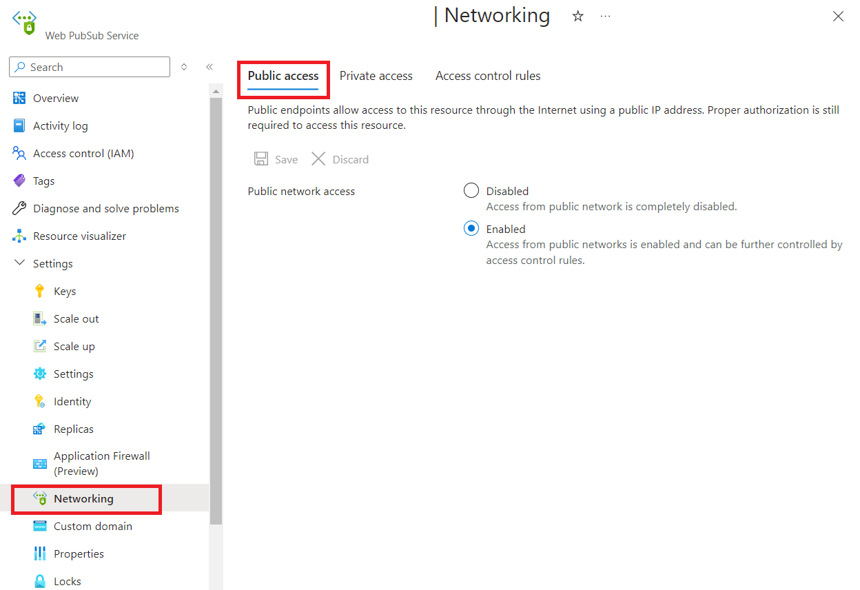 Screenshot showing how to configure public network access.