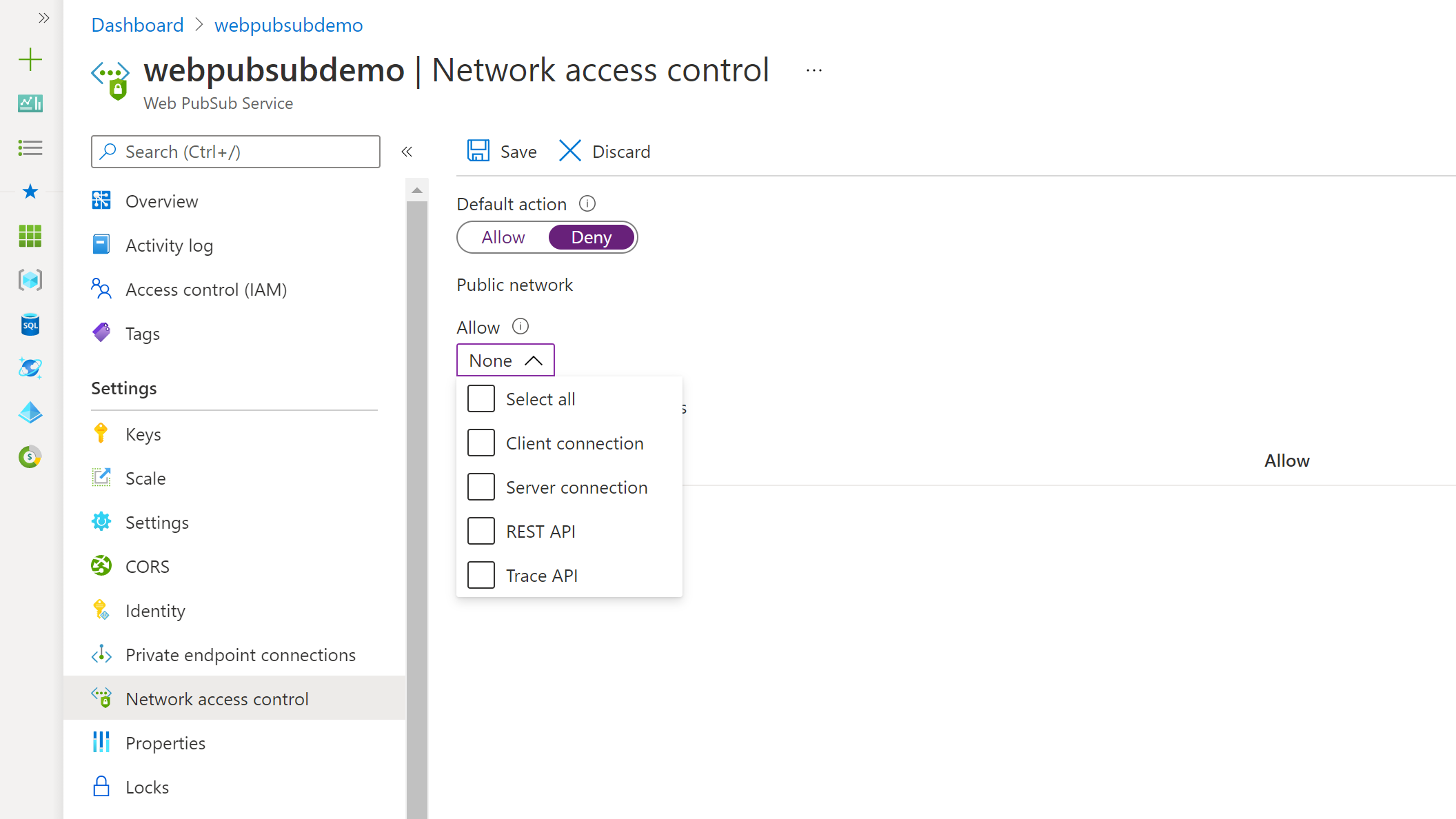 Screenshot that shows editing a public network access control list in the Azure portal.