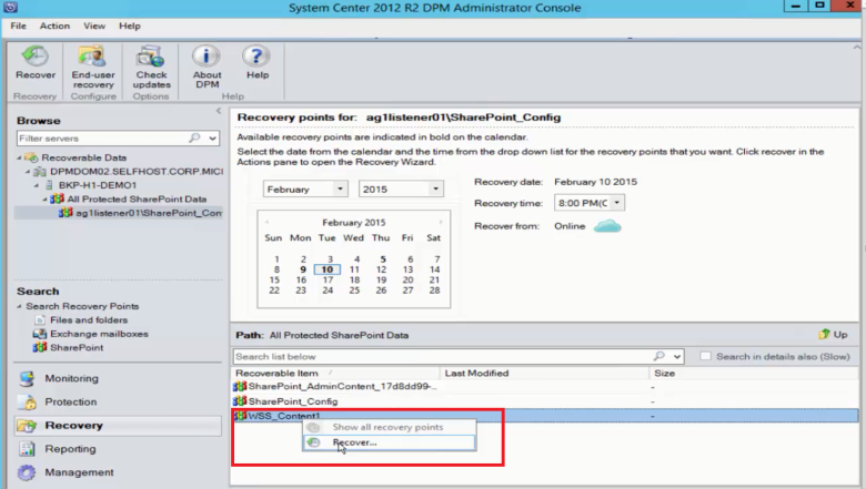 Screenshot showing how to recover a SharePoint database from Azure.