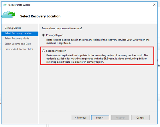 Screenshot shows the selection for secondary region as the backup data source during Cross Region Restore.