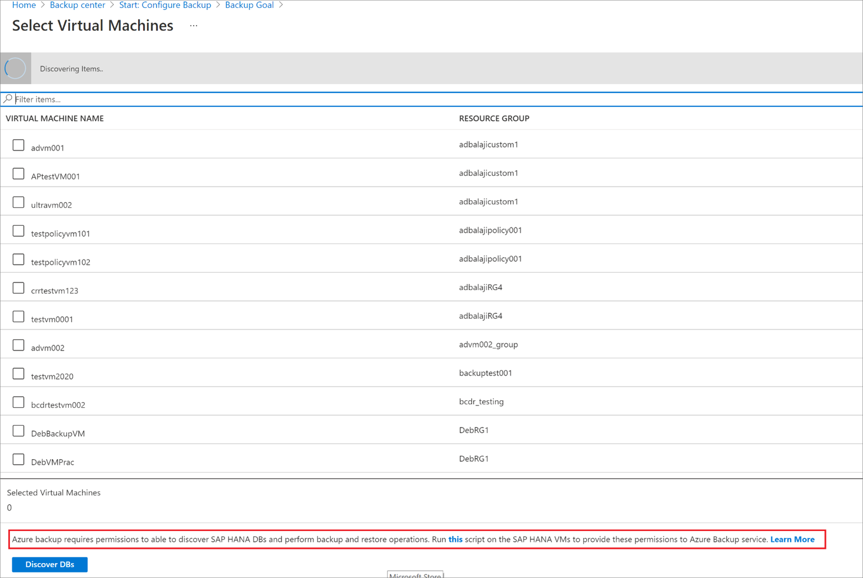 Screenshot showing the discovered SAP HANA databases.