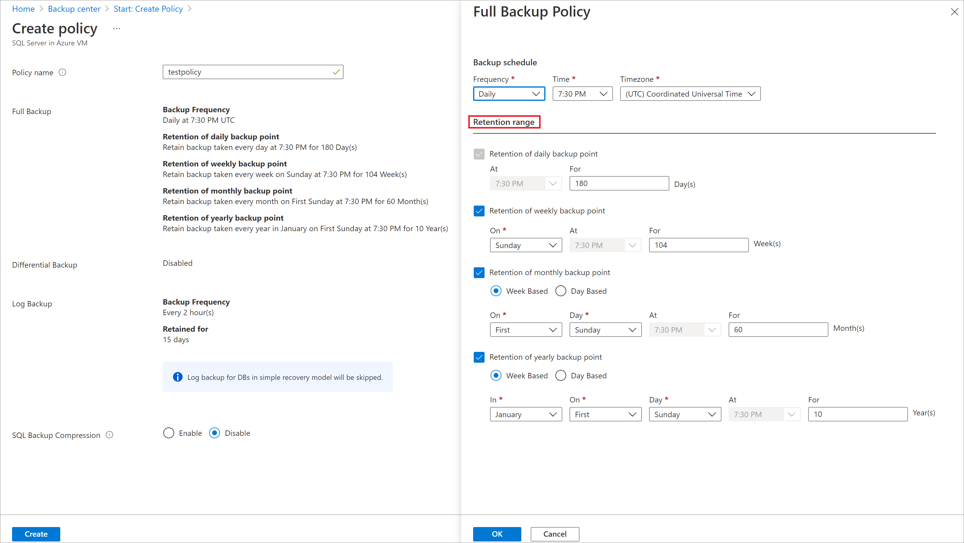 Screenshot showing the retention range interval settings.