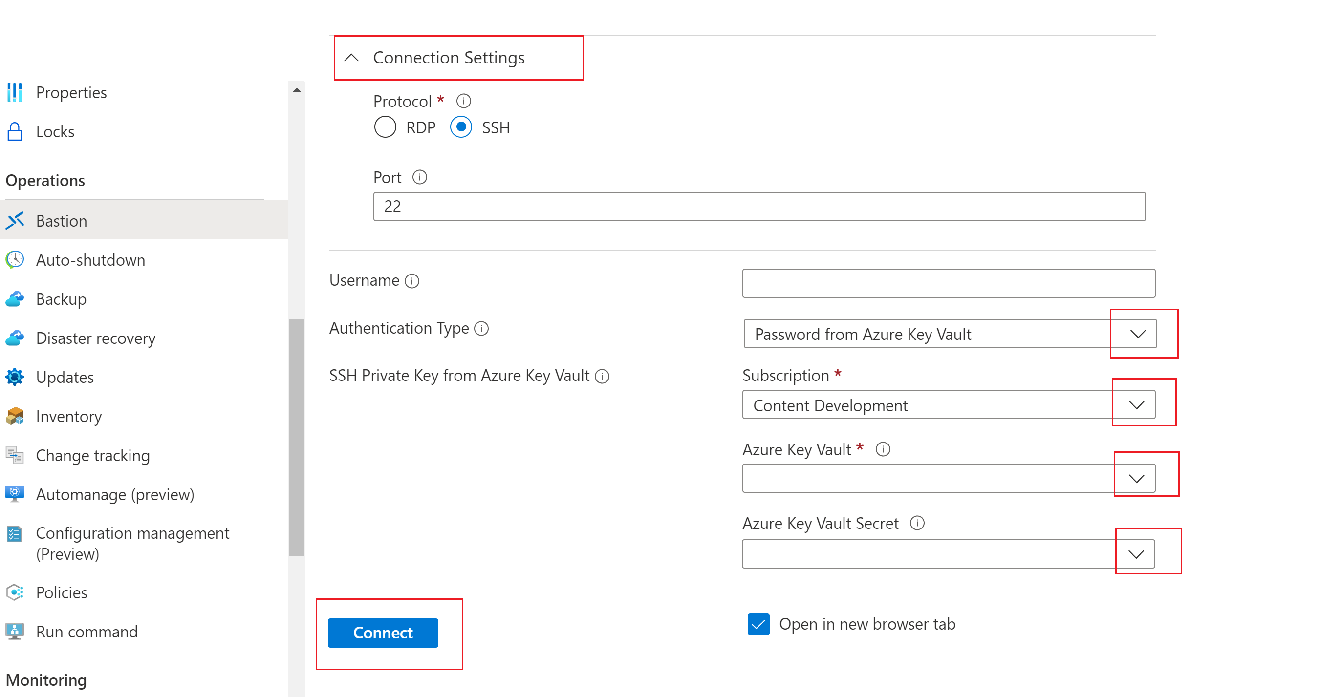 Screenshot shows password from Azure Key Vault authentication.