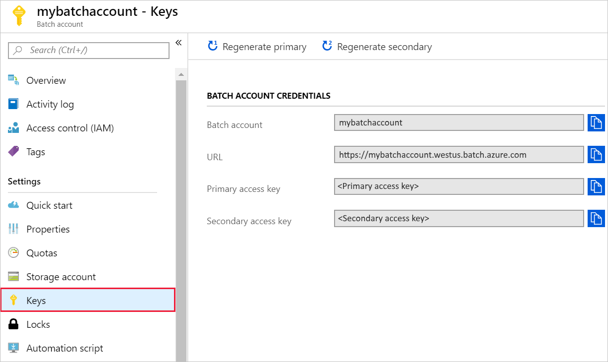 Screenshot of Batch account keys in the Azure portal.