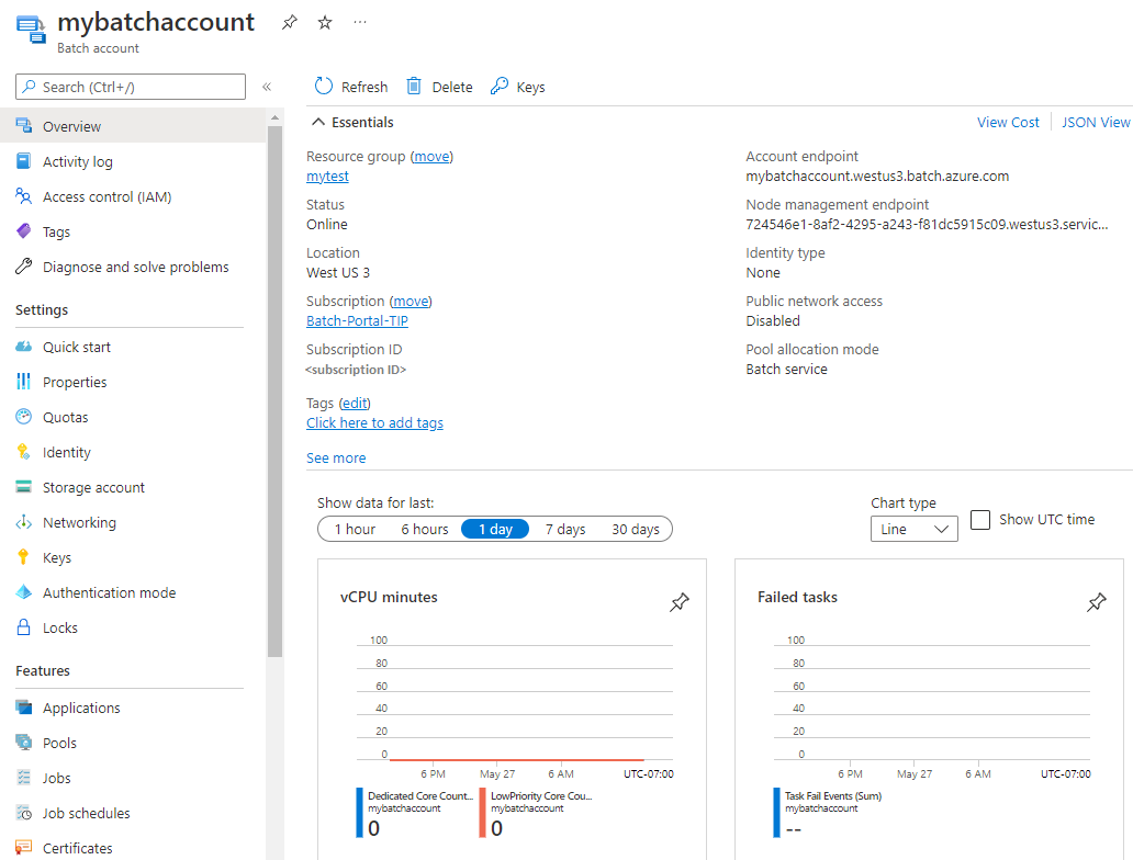 Screenshot of the Batch account page in the Azure portal.