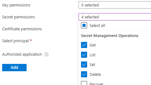 Screenshot of the Secret permissions selections for Azure Batch