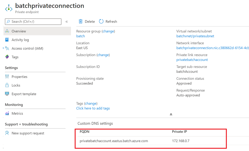 Private endpoint DNS settings and IP addresses