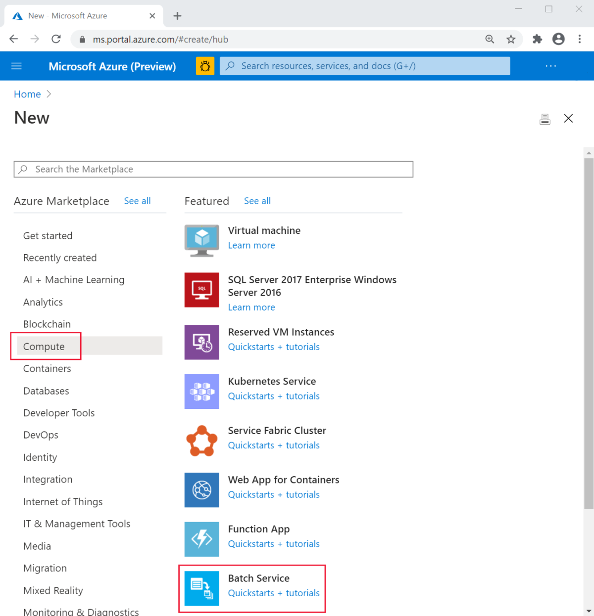 Screenshot of selecting Batch accounts in the Azure portal.