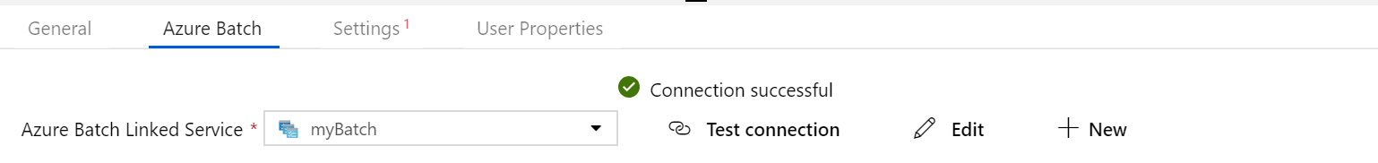 Screenshot of the New linked service screen for the Batch job.