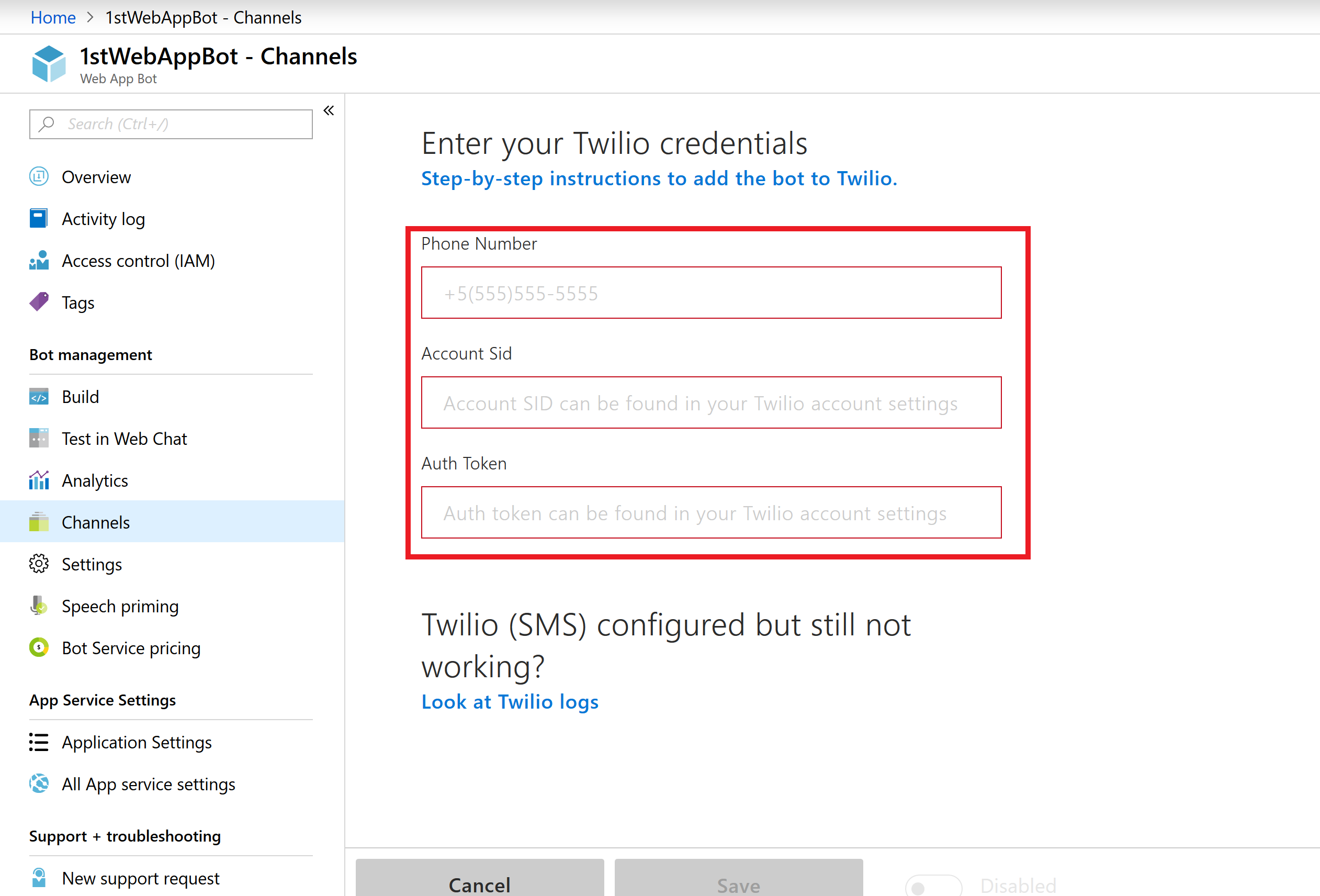 Enter Twilio credentials in Azure