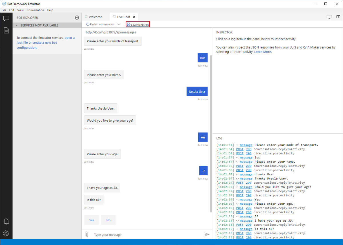 Screenshot of a conversation and the 'save transcript' button in the Emulator.