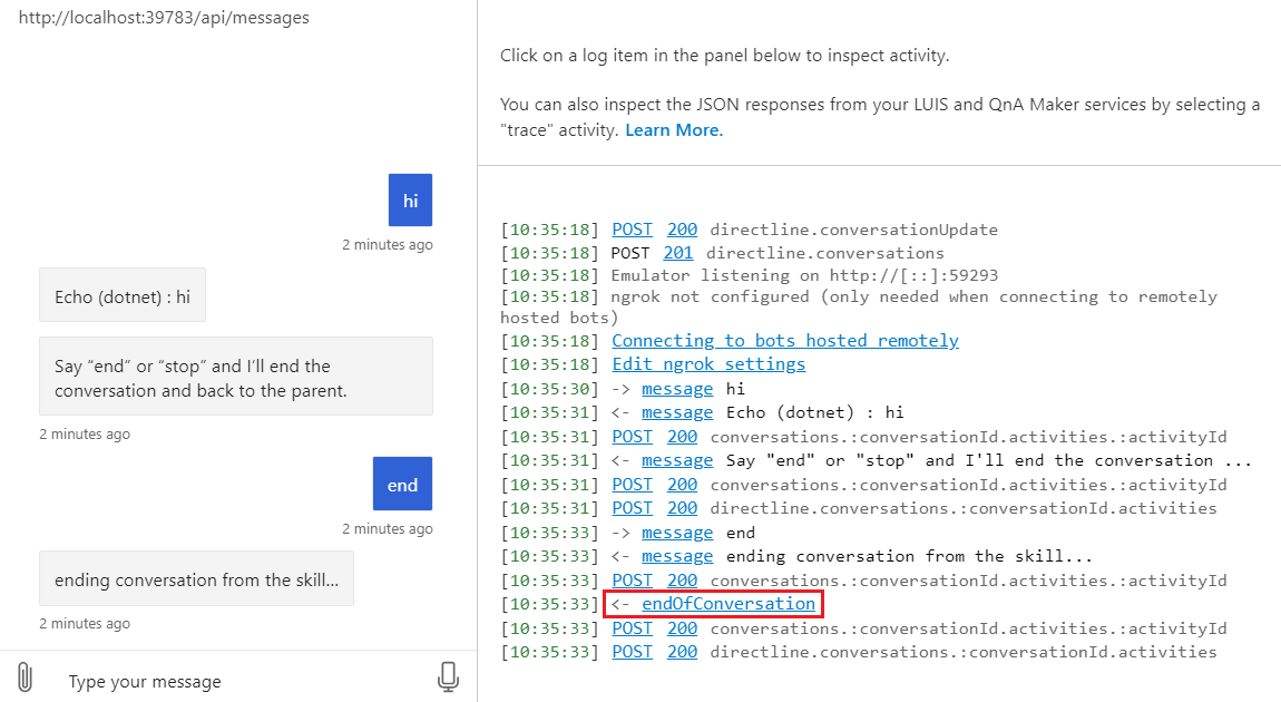 Example transcript showing the end-of-conversation activity.