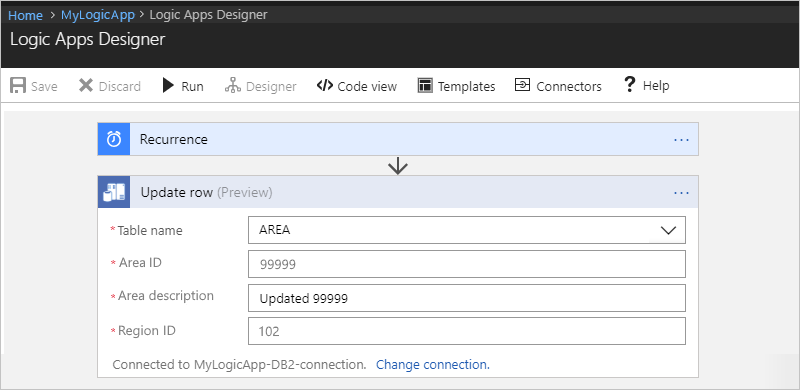 Screenshot that shows the Logic Apps Designer with the "Update row (Preview)" action where you select a table.