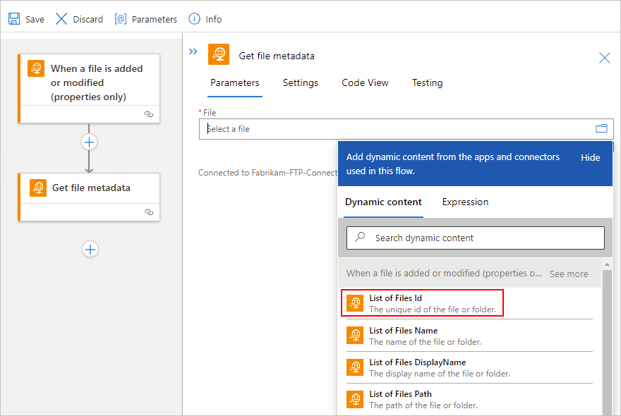 Screenshot shows Standard workflow designer, "Get file metadata" action, dynamic content list opened, and "List of Files Id" selected.