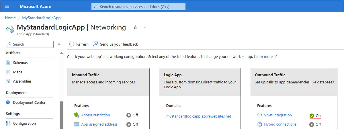 Screenshot shows Azure portal, Standard logic app resource, Networking page with selected virtual network and subnet.