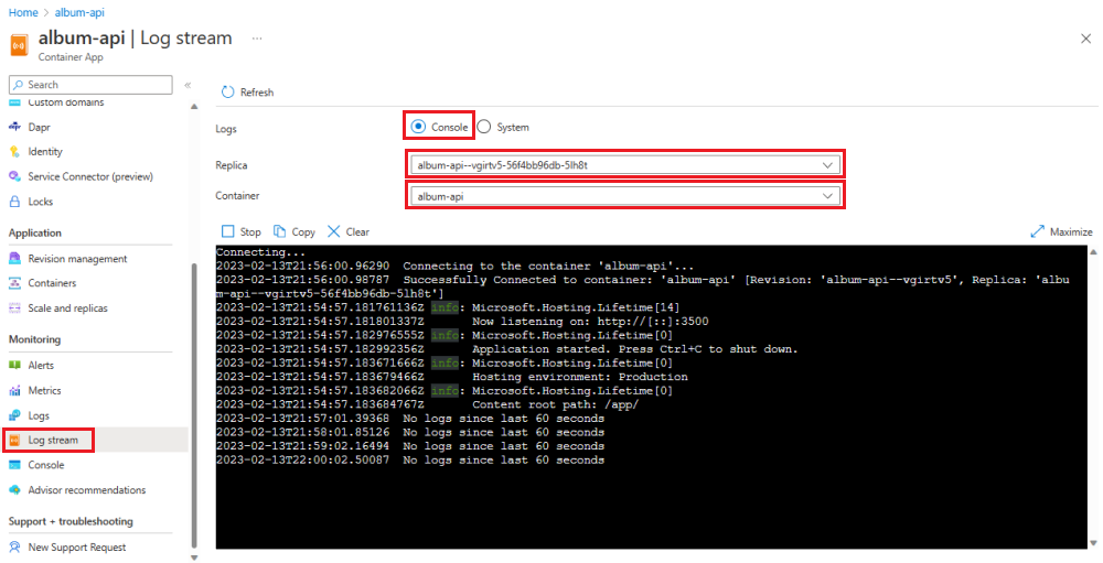 Screenshot of Container Apps console log stream from app page.