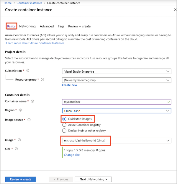 Configuring basic settings for a new container instance in the Azure portal