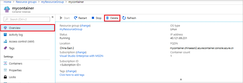 Deleting the container instance in the Azure portal]