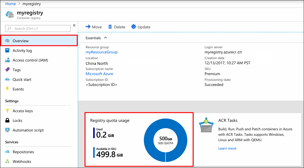 Registry usage information in the Azure portal