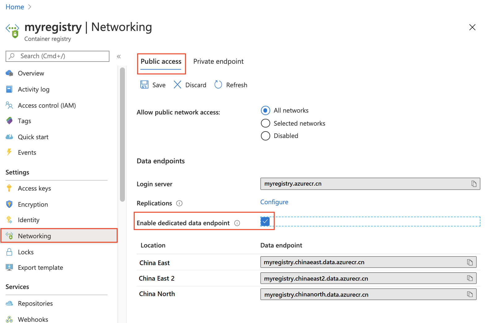 Dedicated data endpoints in portal