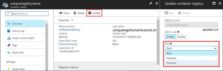 Update container registry SKU in Azure portal