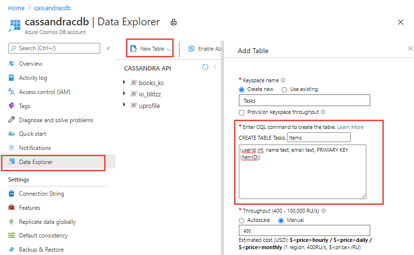 Screenshot of Data Explorer, when creating a new collection with database level throughput