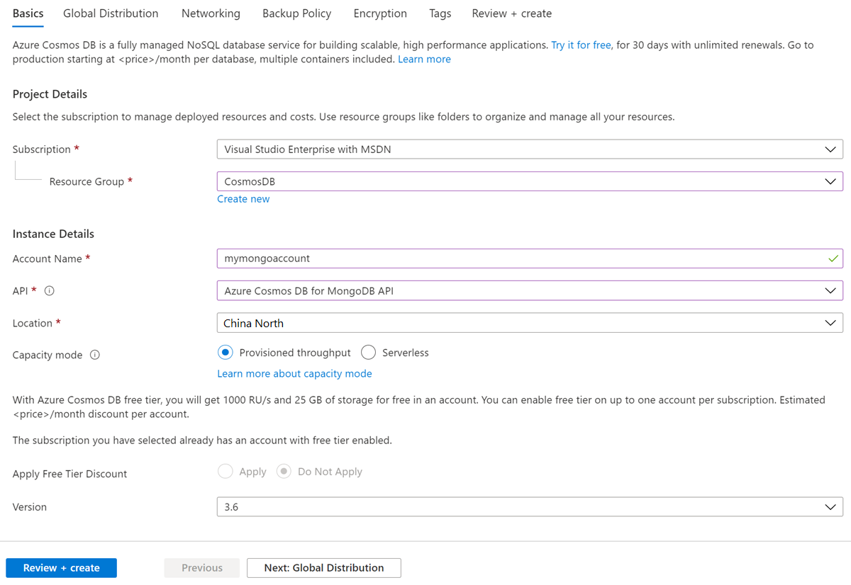 Screenshot of the new account page for Azure Cosmos DB.