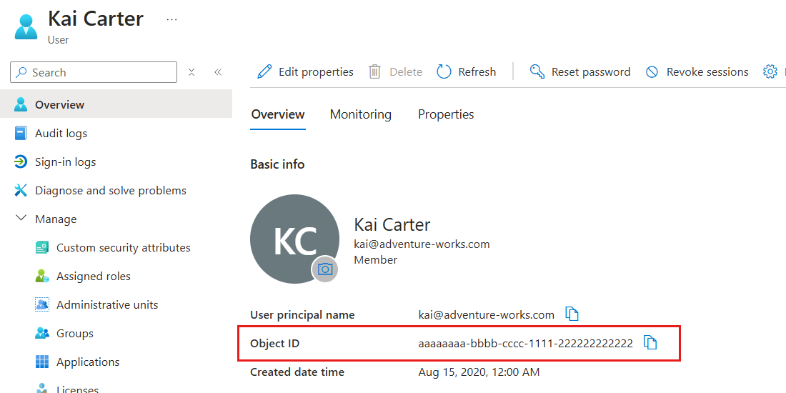 Screenshot of the details pane for a specific user in a Microsoft Entra ID tenant with their unique 'Object ID' highlighted.