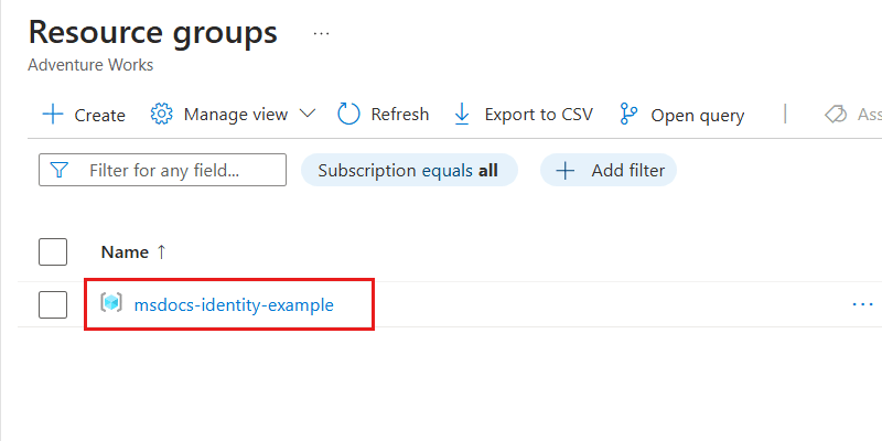 Screenshot of an existing resource group in the list of resource groups for the subscription.