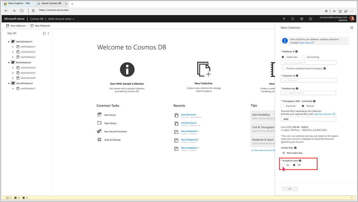 Turn on analytical store for Azure Cosmos DB container