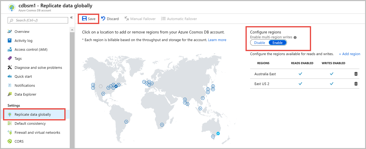 Screenshot of the Replicate data multiple-regionally menu, highlighting Configure regions and Save.