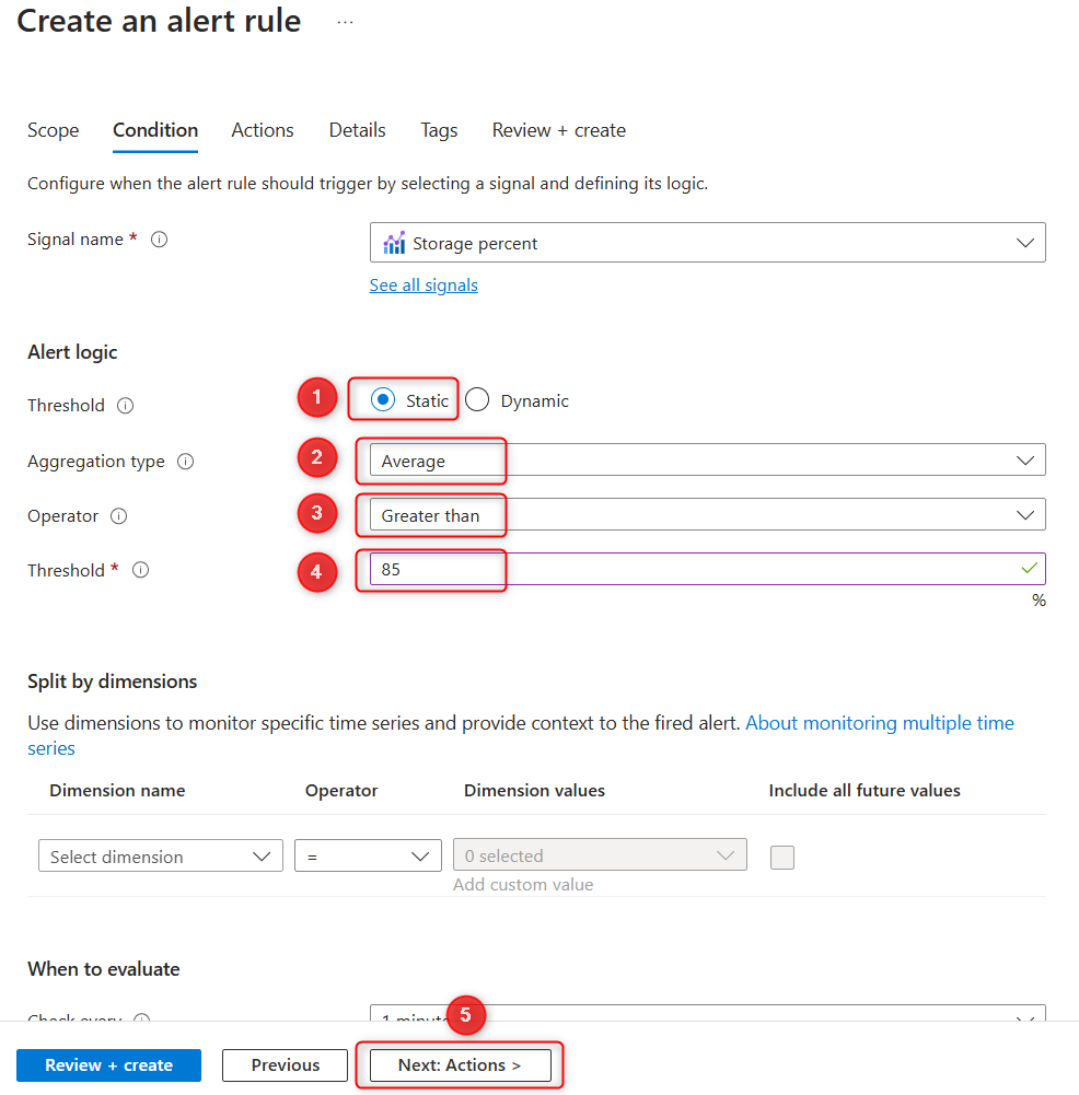 Screenshot of the alert definition for a selected metric in the Azure portal.