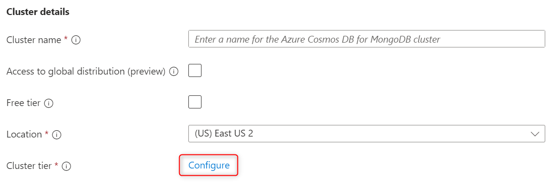 Screenshot of the 'configure cluster' option for a new Azure Cosmos DB for MongoDB cluster.