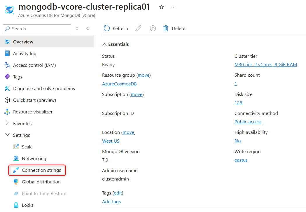 Screenshot of the replica cluster properties with Connection strings page highlighted in Azure portal.