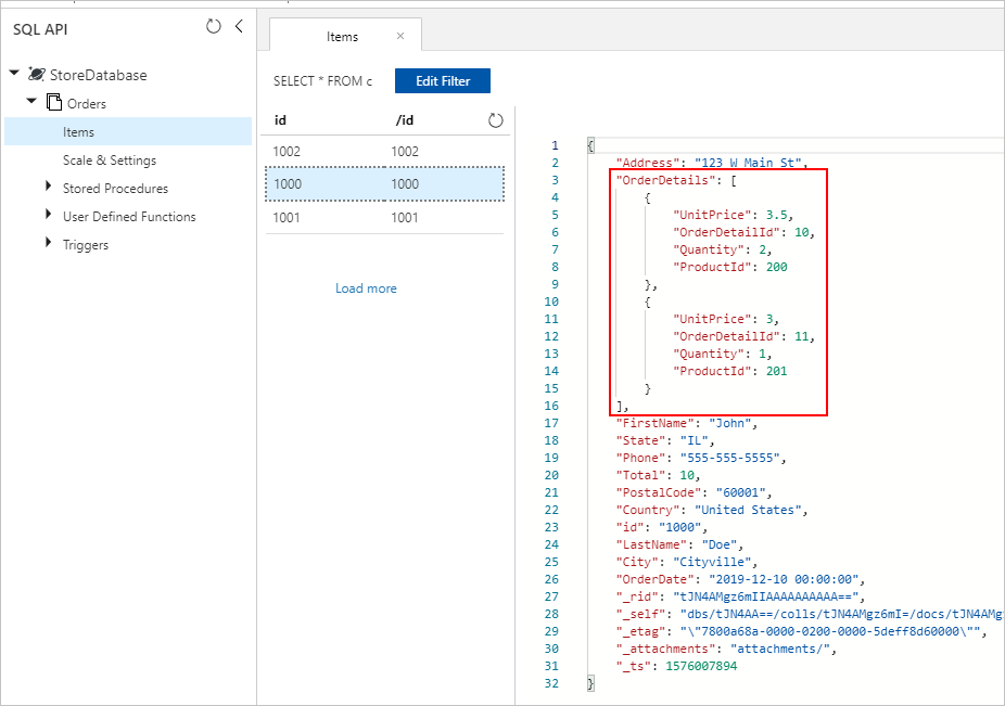 Screenshot of the resulting data after migration.