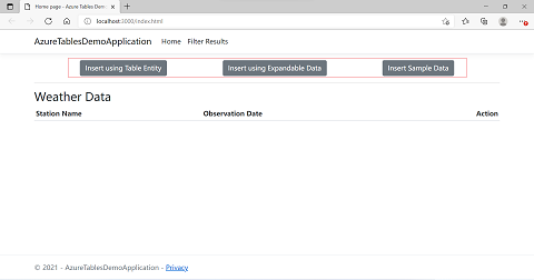 A screenshot of the application showing the location of the buttons used to insert data into Azure Cosmos DB using the Table API.