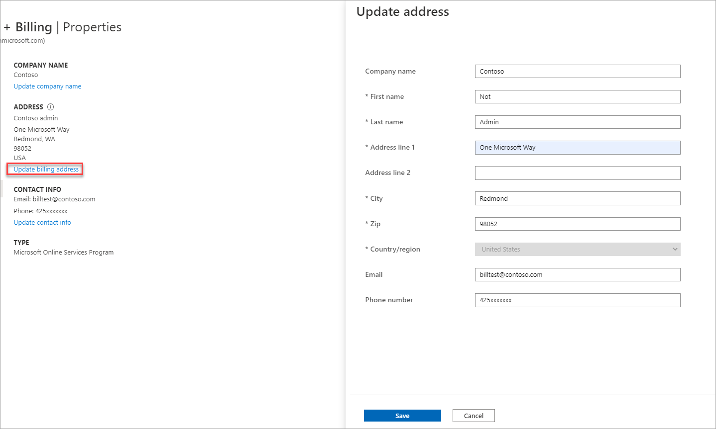 Screenshot that shows update address for the MOSP billing account.