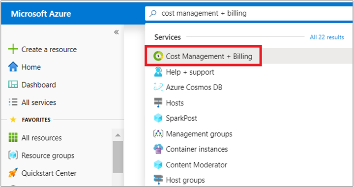 Screenshot that shows search in the Azure portal for Cost Management + Billing.