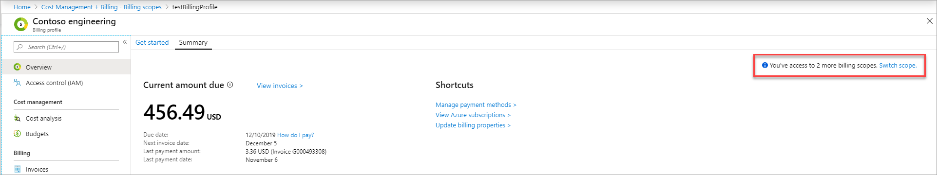 Screenshot that shows billing scopes.