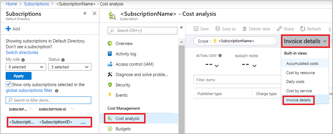 Screenshot showing the invoice details selection.